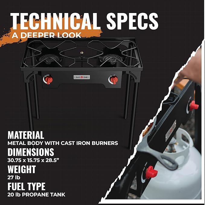 Gas One B-4545A Propane Double Burner Two Burner Camp Stove Outdoor High Pressure Propane 2 Burner Adjustable PSI Regulator and 4ft Hose With Removable Legs