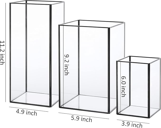 Set of 3 Square Glass Hurricane Candle Holders, Clear Glass Framed in Black-finish Brass , Great for Home Decor and Wedding,Holiday Decor.