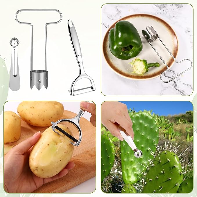 Red Bell Pepper Corer, Multi-Function Fruit & Vegetable Stem Remover Tool and Peeler Stainless Steel Top Kitchen Cooking Gadget for Tomato Carrot Apple Pear Pineapple