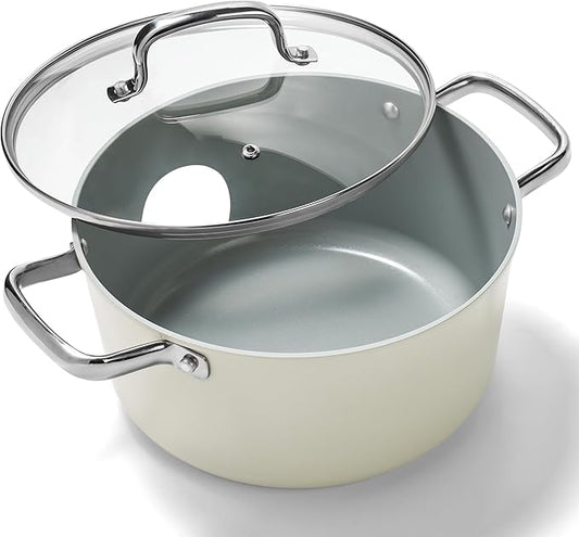 Zalnuuk Ceramic 5 Qt Nonstick Stock Pot with Lid, Soup Pot, Easy to Clean Non Stick Pasta Pot, PFOA PFAS PTFE Free, White