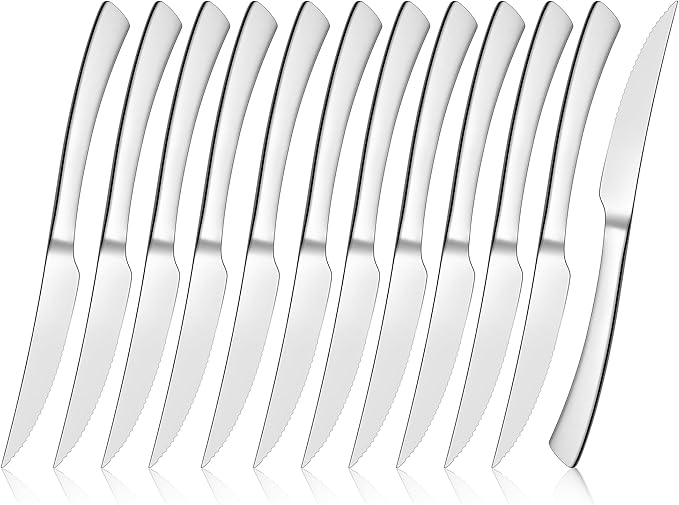 E-far Serrated Steak Knives Set of 12, Stainless Steel Dinner Knife for Home Kitchen Restaurant, 9 Inch Table Knife with Ergonomic Handle and Sharp Tip & Blade, Mirror Silver & Dishwasher Safe