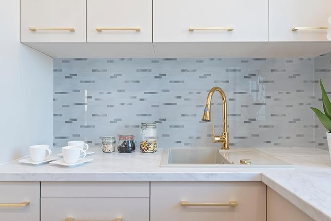 Yipscazo 2 Sheets Peel and Stick Stone Metal Backsplash Tiles, PVC Wall Tiles Stick on Backsplash for Kitchen, Bathroom (6'' X 12'', White with Grey)