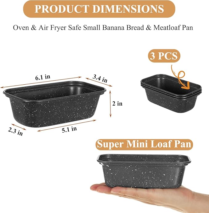 Walooza Mini Loaf Pan, 6x3 Inch Nonstick Bread Pans for Baking, Oven & Air Fryer Safe Small Banana Bread & Meatloaf Pan, Carbon Steel Baking Tins for Homemade Bread (Mini Loaf Pan(3-pack))