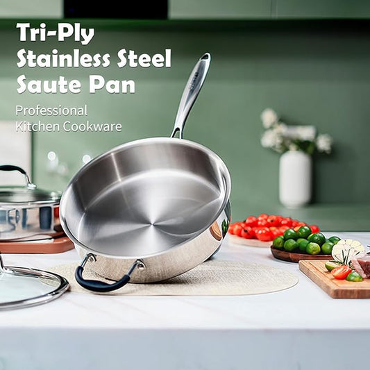 SLOTTET Tri-Ply Stainless Steel Saute Pan with Lid, 5 Quart Deep Sauté Pan with Stay Cool Handle,11.5 Inch Frying Pan,Dishwasher and Oven Safe,Induction Stainless Steel Cookware