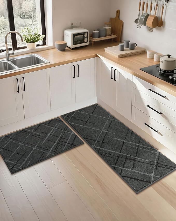 COSY HOMEER Kitchen Mats, 2 PCS Kitchen Rug Non Slip Washable, Absorbent Runner Rugs for Kitchen Floor, Polyester Kitchen Sink Rug 24"x36" + 24"x60"(Grey)