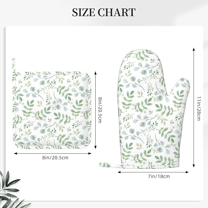 Blue Eucalyptus Silicone Oven Mitts and Pot Holders Sets Green Branches Watercolor Kitchen Mitts Potholder Kitchen Accessories for Cooking Baking BBQ