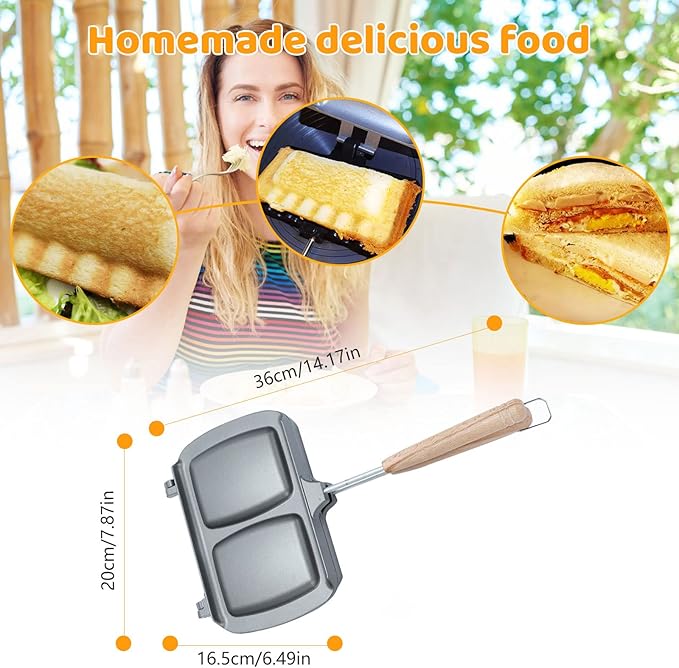 Double-Sided Nonstick Sandwich Maker, Flip Grill Pan for Breakfast, Pancakes, Omelets, Frittatas, Toast (Silver, 30.5*14.2*4.2cm)