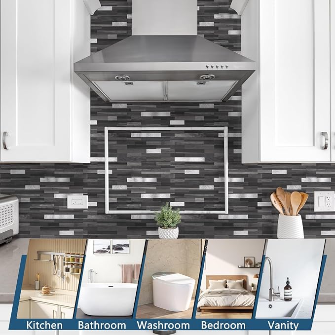Yipscazo 20 Sheets Peel and Stick Stone Metal Backsplash, PVC Wall Tiles Stick on Tiles for Backsplash Kitchen, Bathroom, Laundry Room, Camper, Fireplace (6'' X 12'', Black Wood)