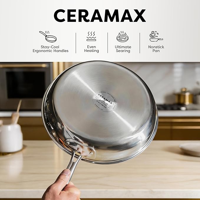 Gotham Steel Hybrid 3pc Stainless Steel Non Stick Frying Pans Set, 8,10,12 inch Ceramic Frying Pan Skillet Set, Induction Ready, Made without PFAS & PFOA, Oven and Dishwasher Safe - Copper