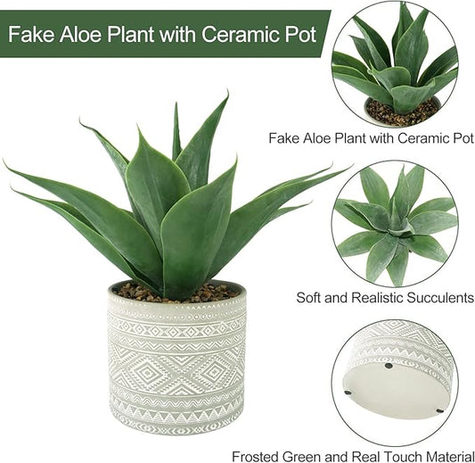 Artificial Potted Plants, 13.8" Artificial Succulent Fake Aloe, Large Faux Aloe Plant in Pot for Home Office Room Bedroom Kitchen Garden Decor (Grey)