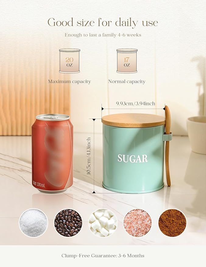 AISBUGUR Sugar Bowl with Lid and Spoon: 17oz Metal Sugar Container - Airtight Food Sugar Jar - Coffee Bar Accessories - Countertop Kitchen Decor (Green)