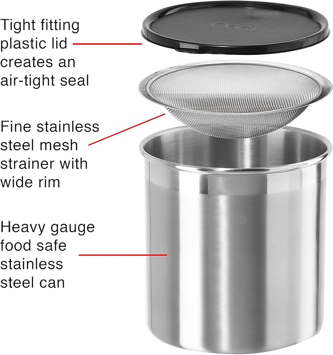 Oggi Stainless Steel Jumbo Grease Container with Removable Strainer and Snug Lid. Perfect container for fryer oil, bacon drippings, lard and ghee oil. Large capacity can - 1 Gall / 4 Qt / 3.75 Lt