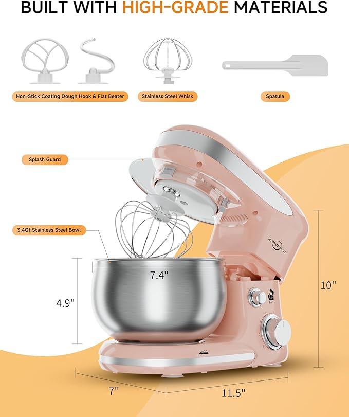 Stand Mixer, 3.4QT Lightweight Kitchen Mixer, 6+P Speed Tilt-Head Electric Food Mixers for Daily Use with Egg Whisk, Dough Hook, Flat Beater, Bread Dough Mixer for Baking (Pink)