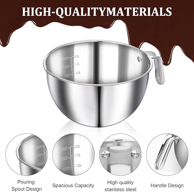 304 Stainless Steel Double Boiler Set -1.8QT Melting Bowl with Scale and Handle - 2.54QT Dual-Handle Pot - Stackable Water Bath Melting Pot Set for Butter, Chocolate, Wax, Sugar, Candle