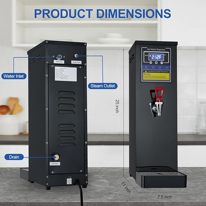 Commercial Hot Water Dispenser Commercial Water Boiler Electric Countertop Hot Water Machine Black 30L(8GAL)/Hour Step-heating Temperature Control 86-212°F for Boba Tea Coffee Office Restaurant 1600W
