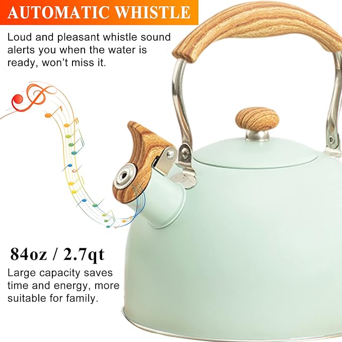 Vilihkc Tea Kettle 2.6 Liter Whistling Tea Kettle, Tea Pots for Stove Top Food Grade Stainless Steel with Wood Pattern Folding Handle, Loud Whistle Kettle for Tea, Coffee, Milk