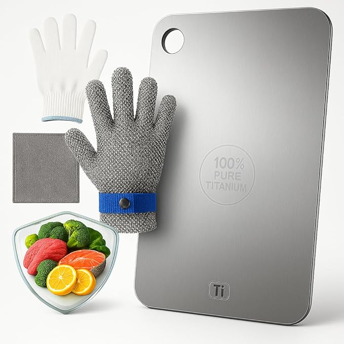 "100% Titanium Cutting Board - Pure Titanium Board for Kitchen, Includes Cut Resistant Gloves, Durable & Authentic for Home and Professional Chefs (Large)"