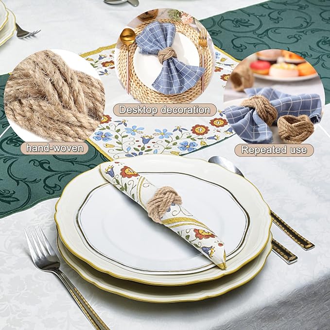 Natural Burlap Napkin Rings Set of 6 - Woven Rustic Napkin Rings for Farmhouse Dining Table Decor