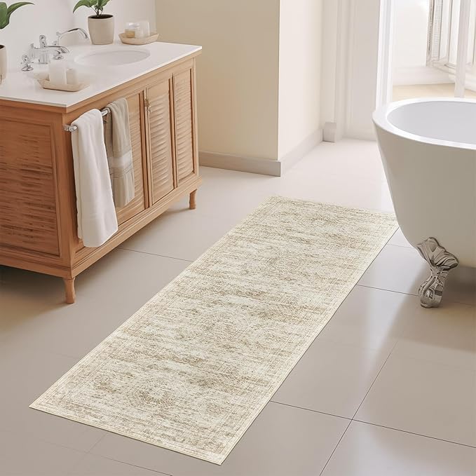 Long Bathroom Rugs Runner - Washable Runner Rugs for Hallway 2x10, Ultra-Thin Soft Kitchen Carpet Runner, Anti Slip Backing Runner Rugs for Entrance, Bedroom, Living Room(2'x10', Beige/Ivory)