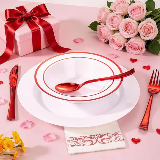 Goodluck 50 Pack Plastic Bowls with Red Rim, 12oz Disposable Soup Bowls, Heavy Duty Dessert Bowls for Weddings, Parties, Valentine's Day Dinners, Catering, Thanksgiving and Everyday Use
