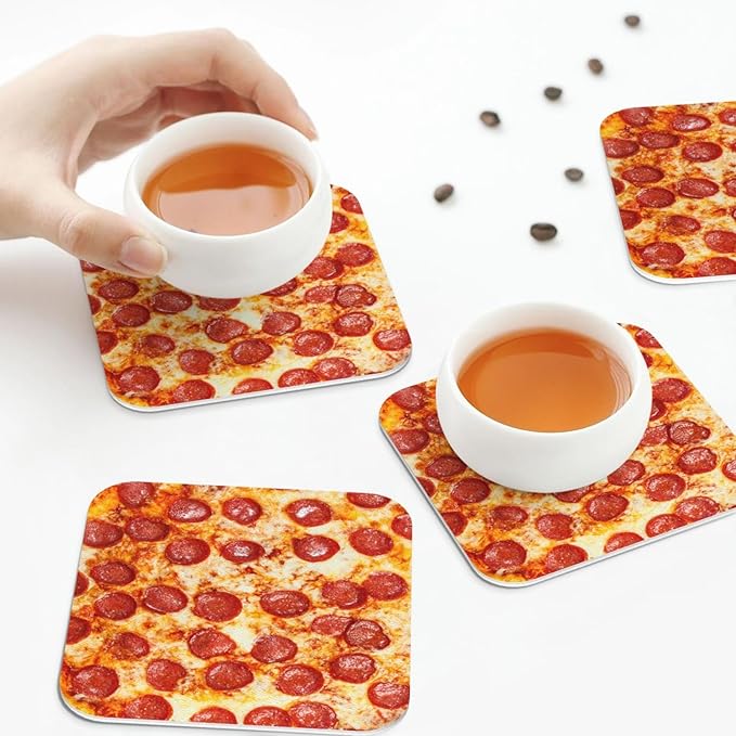 Marble Coasters Square Leather Drinks Coaster Set with Holder for Coffee Table Bar Home Decor 4 Inches Set of 6 (Pizza, One Size)