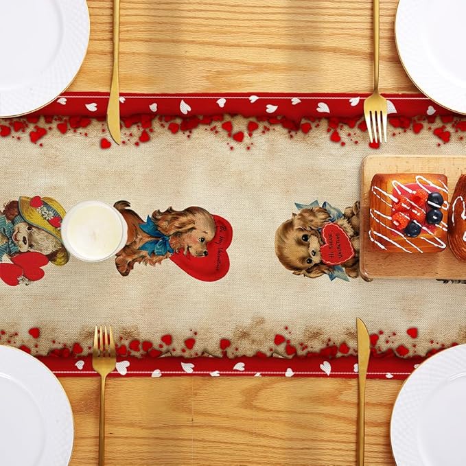 Vintage Valentine's Day Table Runner Valentines Decorations - Red Love Vintage Style Boys and Girls Valentines Day Anniversary Home Kitchen Dining Table Decor, Valentines Party Decor 13 x 72 Inch