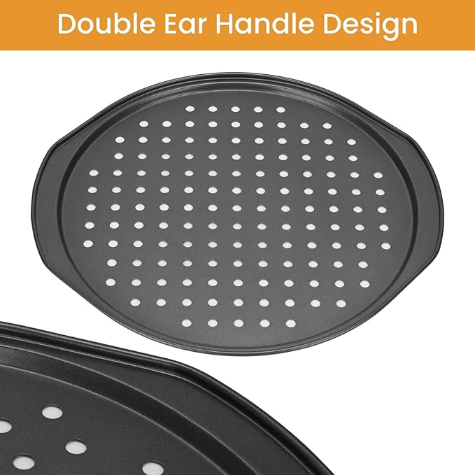 BSDLZCH 13 Inch Pizza Pan for Oven, 2 Pack Round Pizza Pan with Holes Non-sticking Carbon Steel Pizza Tray with Handles Pizza Baking Pan for Cooking and Grilling Oven Safe