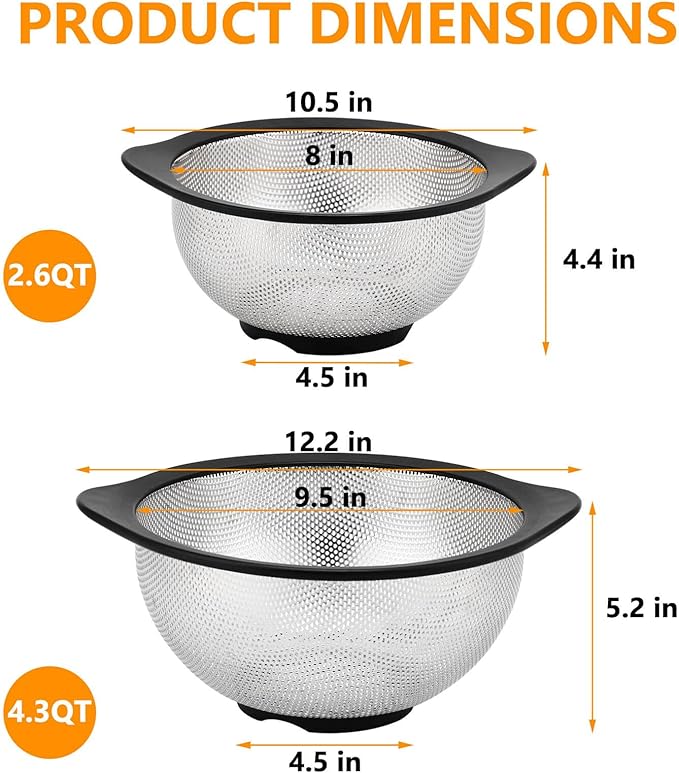 Rorence Colander Set, Stainless Steel Colanders with Non Slip Silicone Handles & Base, 2.5 & 4.3 Qt Dishwasher Safe Colander for Kitchen, Pasta, Vegetables, Fruits, Home Cooks & Families