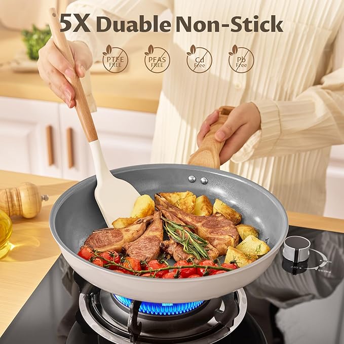 BLAZANT Non Stick Frying Pans with Lid, 5 Pieces Ceramic Frying Pan Set, Molecular-bonded Induction Base, Nonstick Skillet with Bakelite Handle, Chef's Pan, PFAS/PTFE Free, Induction Compatible