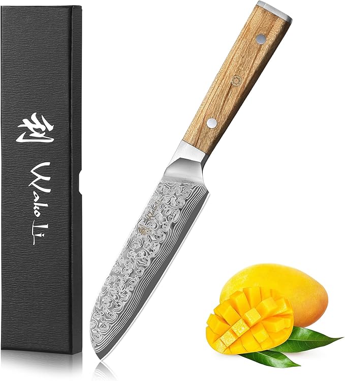 Wakoli Oribu Small Santoku Knife – Full Tang Kitchen Knife | 5-Inch Blade Made of 67-Layer Damascus Steel with AUS-10 Core | Ergonomic Olive Wood Handle | Sharp & Durable