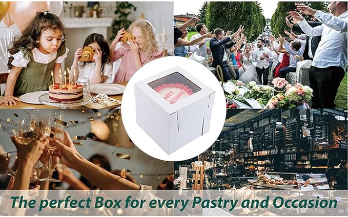 Huoshange Tall Cake Boxes for Tier Cakes,8x8x8 Inch [12Pack ] Thick Sturdy Cake Box with Window, White Cake Carrier,Disposable Cake Containers