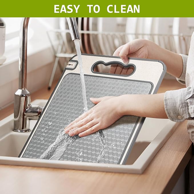 NTIERA 3-in-1 Stainless Steel Cutting Board for Kitchen, Double Sided,Non Toxic Cutting Board,Scratch-Resistant Mesh Design with Juice Groove,Easy Clean,Wheat Straw PP Large Chopping Board 15''*10''