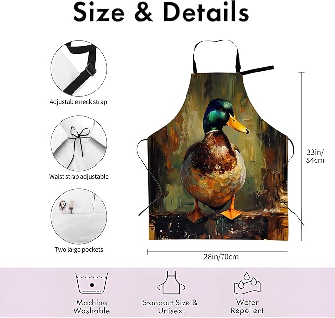 Artistic Mallard Duck Apron,Adjustable Waterproof Oxford Fabric Kitchen Apron with 2 Pockets for Men and Women, Cooking, Baking, BBQ, Coffee Shop, Housewarming Gifts, 28x33 Inches