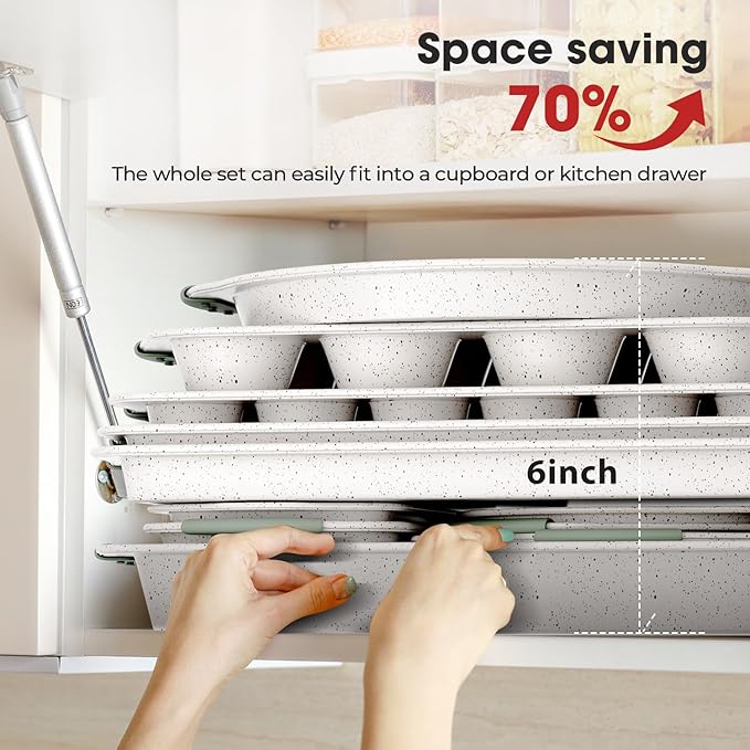 Slow Slog 11-Piece Non-Toxic Baking Set, Stackable Nonstick Cookware with Heat-Resistant Handles - Includes Cookie Tray, Round Cake Pan, Muffin Cups, Pizza Pan & Loaf Baker, White&Light Green