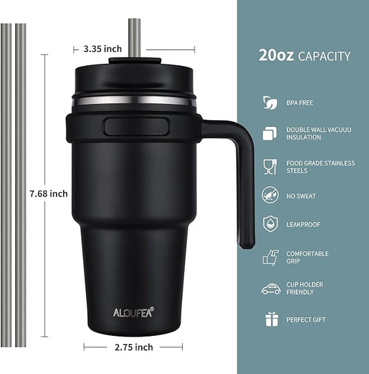 ALOUFEA 20 oz Insulated Coffee Mug Tumbler with Handle, Stainless Steel Travel Mug Tumbler with Lid and Straw,Double Wall Vacuum Leak Proof Ice Coffee Thermal Cup, Ocean Teal