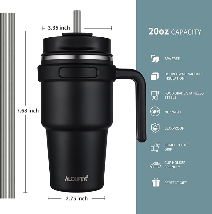 ALOUFEA 20 oz Insulated Coffee Mug Tumbler with Handle, Stainless Steel Travel Mug Tumbler with Lid and Straw,Double Wall Vacuum Leak Proof Ice Coffee Thermal Cup, Dark Rainbow/Indigo Black