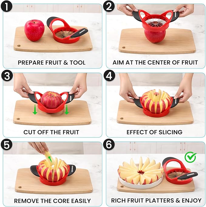 SCHVUBENR Apple Slicer and Corer - 4.72 Inch Stainless Steel Apple Cutter with 16 Sharp Blades - Professional Apple Divider Tool for Quick Slices - Easy to Use & Clean - Slice Fruits with Ease - Red