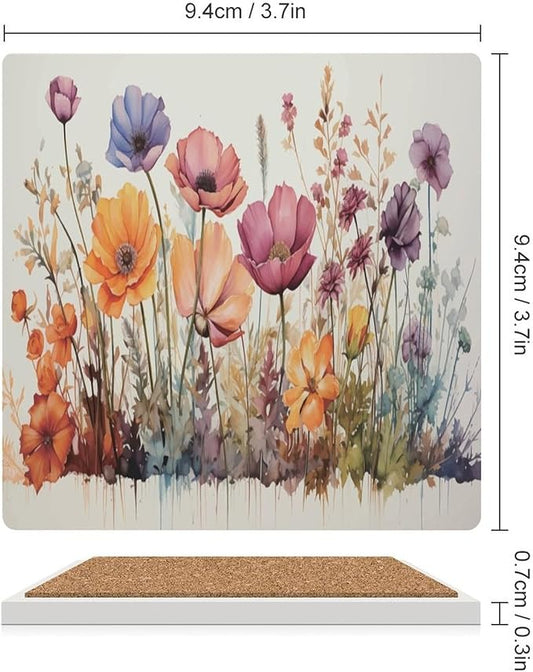 Square-4PCS Floral Ceramic Coasters, Square Absorbent Drink Coasters, Watercolour Abstract Floral Beautiful Florets Design Ceramic Table Coasters for Coffee, Beverage, Wine, Beer Coasters