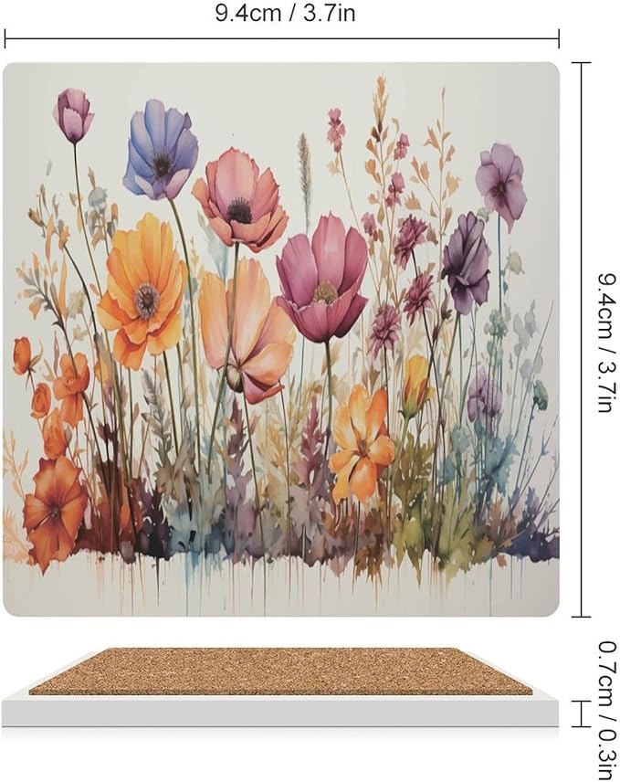 Square-6PCS Floral Ceramic Coasters, Square Absorbent Drink Coasters, Watercolour Abstract Floral Beautiful Florets Design Ceramic Table Coasters for Coffee, Beverage, Wine, Beer Coasters