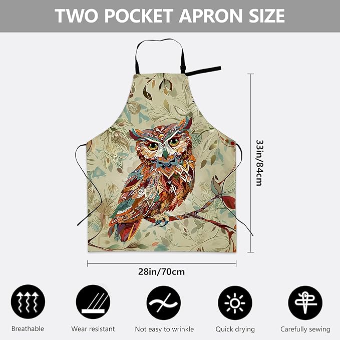 Funny Owl Apron, Adjustable Kitchen Intricate Leafy Background Aprons with Pockets for Cooking BBQ Gardening, 28×33 IN, Holiday Gifts for Women Men Wife, for Chef Baking, Oxford Fabric