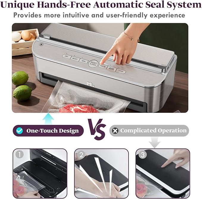 Mesliese Vacuum Sealer Machine, 85kPa 120W Automatic Food Sealer, Powerful Sealing System, Build-in Cutter | Bags Storage | Moist Mode and Air Suction Hose | 2 Bag Rolls and 5pcs Pre-cut Bags