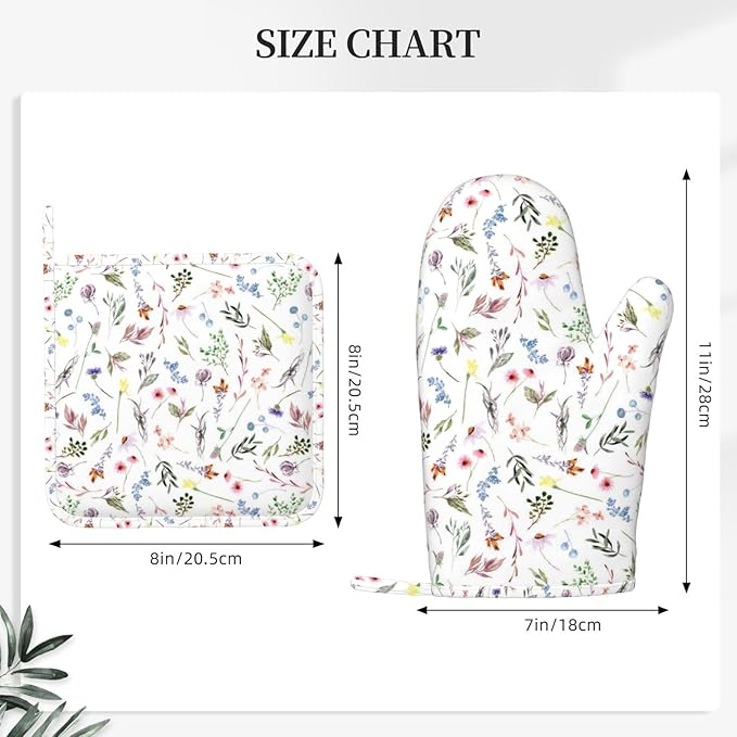 Colorful Wildflowers Silicone Oven Mitts and Pot Holders Sets Vintage Botanical Floral Kitchen Mitts Potholder Kitchen Accessories for Cooking Baking BBQ