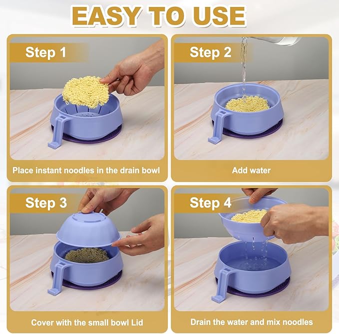 uxcell 2 Sets Microwave Ramen Bowl Set, Wheat Fiber Noodle Bowls Plastic Cooker with Lid Handle Fork Spoon Chopsticks for College Dorm Room Apartment, (Purple/Beige)