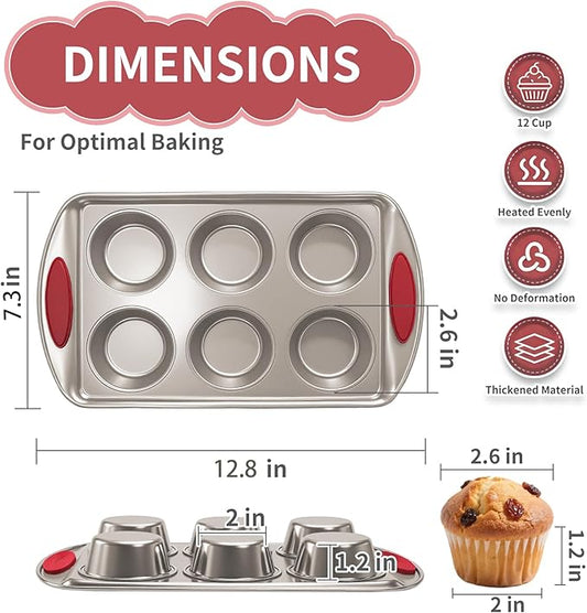 Shinsin Muffin Pan 6-Cup, 2-Pack Nonstick 6 Tin Cupcake Pan with Silicone Grip Handles, Toaster Oven Baking Supplies Small Cheesecake Cup Cake Tray- Non-toxic & Dishwasher Safe