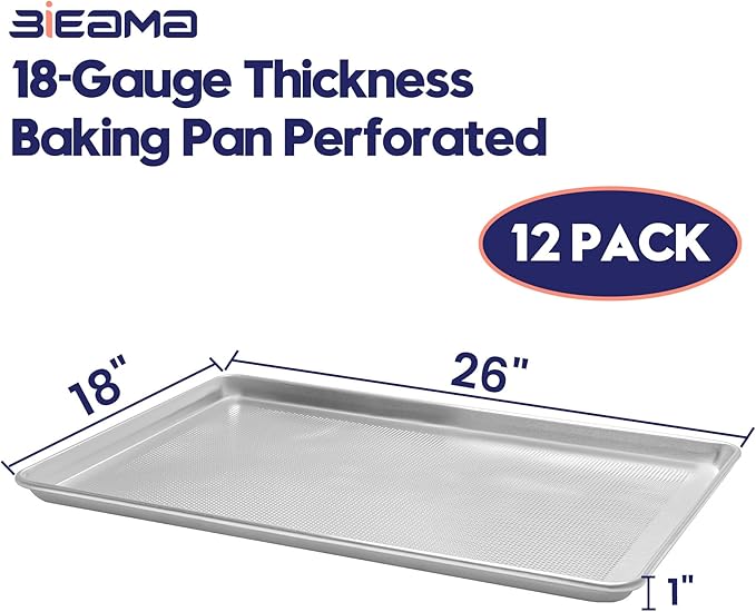 BIEAMA 12 Pack Full Size 18" x 26" Aluminum Baking Sheet Pan Perforated, Commercial Bakery Equipment Cookie Sheets, NSF Approved Baking Tray