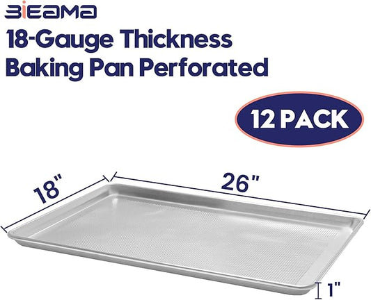 BIEAMA 12 Pack Full Size 18" x 26" Aluminum Baking Sheet Pan Perforated, Commercial Bakery Equipment Cookie Sheets, NSF Approved Baking Tray