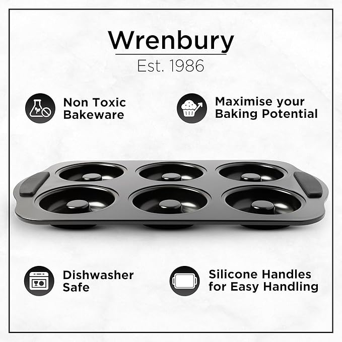 Wrenbury Donut Pan for Baking - Non-Stick Carbon Steel 6-Cup Mold with Silicone Grip Handles, PFOA Free, Easy Release, Even Heating, Oven and Dishwasher Safe, 3.5 Inch Large Cups
