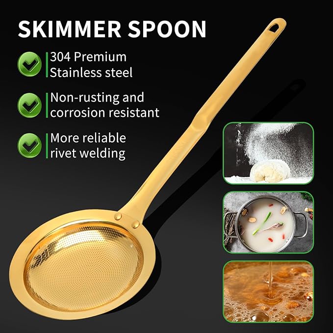 Snailhouse Fat Skimmer Spoon, Stainless Steel Fine Mesh Food Strainer Separator with Handle for Grease, Gravy and Foam, Gold
