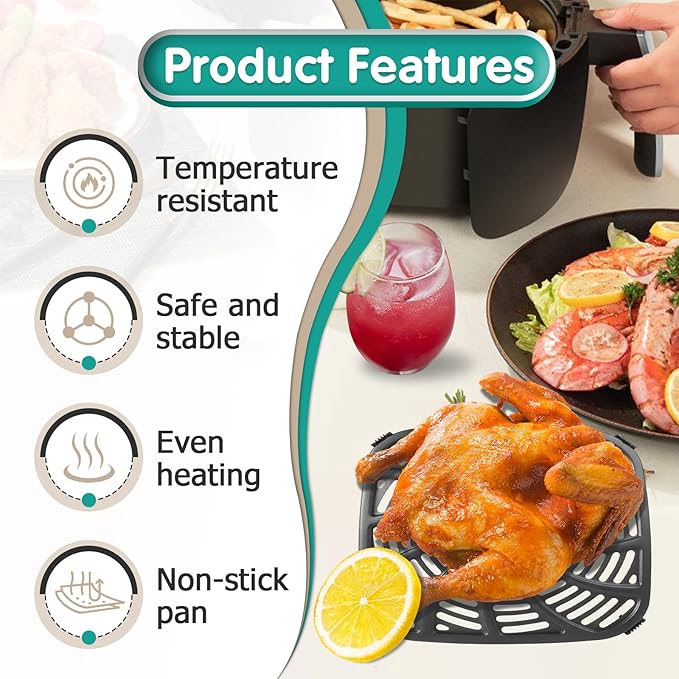 8QT Air Fryer Grill Plate for Gourmia GAF838 GAF856 GAF826 Air Fryers, 9.8''×9.8'' Square Air Fryer Tray Replacement for Gourmia, Nonstick Air Fryer Grill Pan for Gourmia 8QT Air Fryer