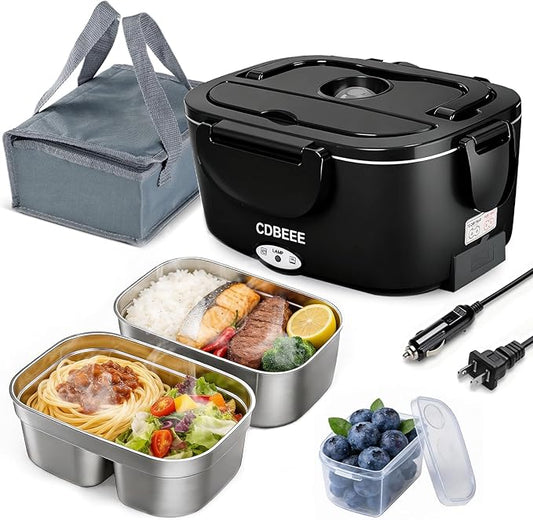 Electric Lunch Box Food Warmer-80W Fast Heating, 2 Leak-Proof SS Containers 1.5L | 12V/24V Car/Truck & 110V Home/Office |Portable Food Warmer for Drivers, Workers, Office & Travel (Black)